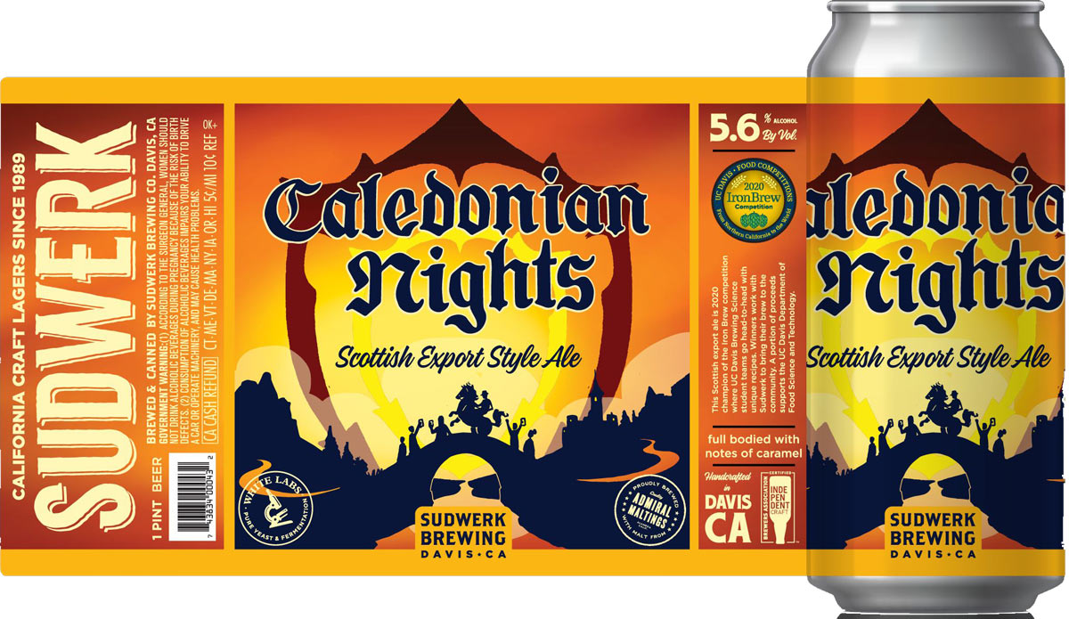 Caledonian Nights label, orange-yellow with Arabian Nights-like theme, rolling off of can.