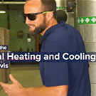 Man walks with text "heating and cooling" superimposed
