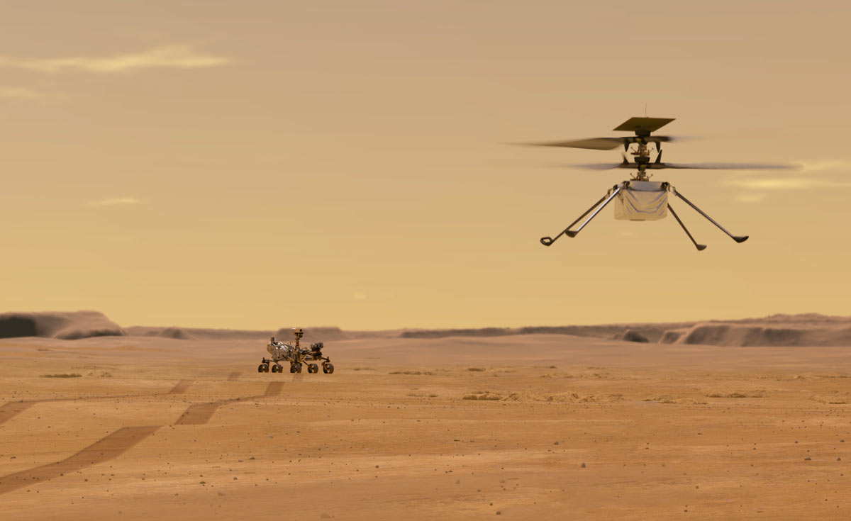 NASA rendering of Perseverance helicopter Ingenuity in the air