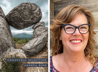 "Unnatural Selection" cover (a boulder) and Andrea Ross headshot