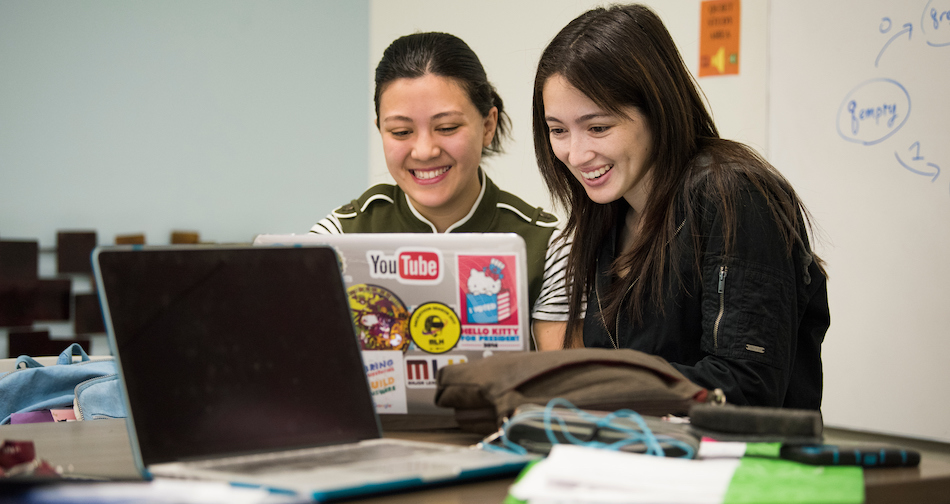 Gabriella Quattrone and Melissa Sheehan study in the LEADR student center in Kemper Hall on October 17, 2017. Sheehan is a fourth-year computer science major and Quattrone is a fourth year computer science and Japanese double major. (Karin Higgins/UC Davis)