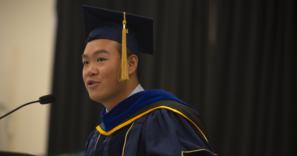 Zidong Li, a PhD candiate, speaks to the students during the International Student Graduation Celebration on June 14. 2018. (Gregory Urquiaga/UC Davis)