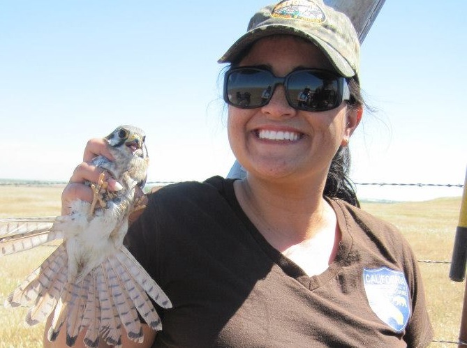 Angela Calderaro smiles and holds a falcon.