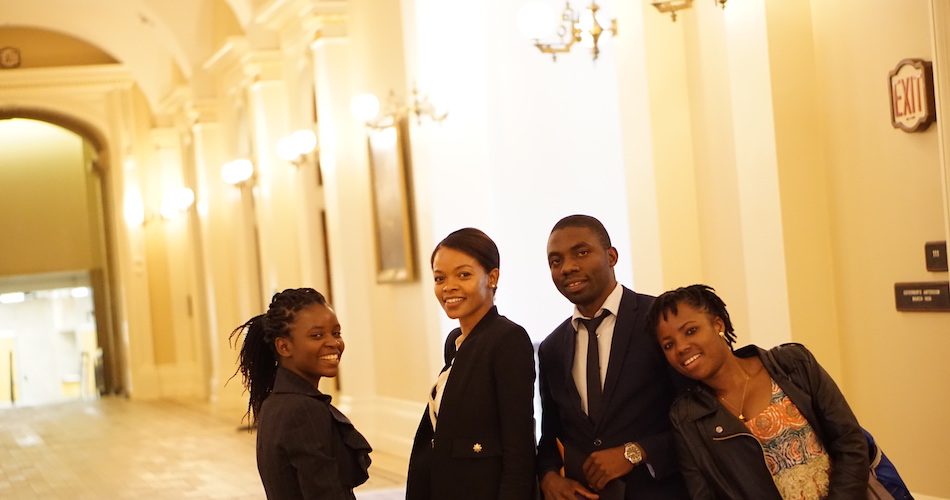 Tene Goodwin (second from left) during a site visit to the California State Capitol in Sacramento with UC Davis Mandela Washington Fellows Shakira Phiri (left), Likando Nabuyanda (second from right), and Victorine Dawonou (right).