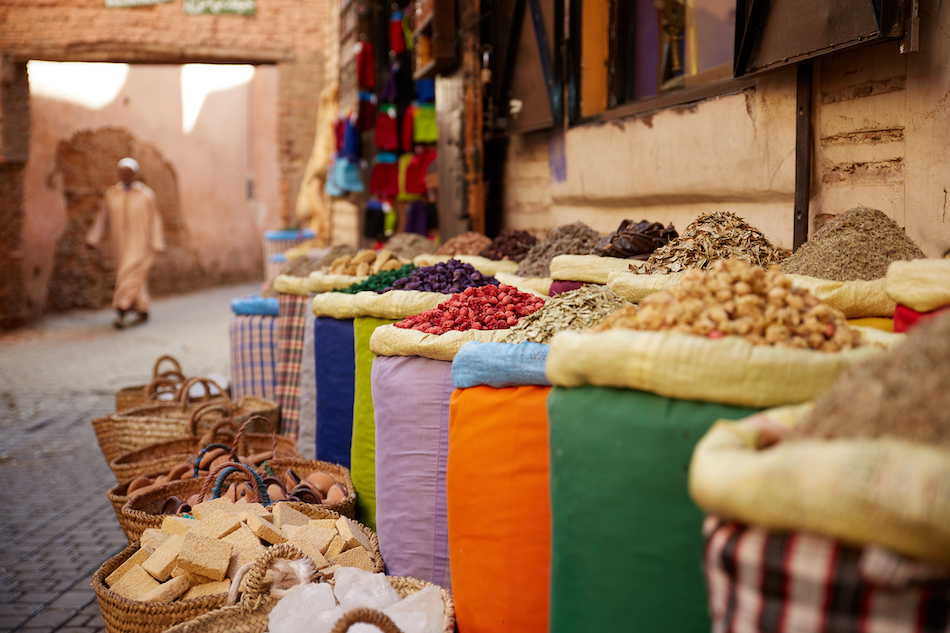 Spices in sacks in a marketplace. 
