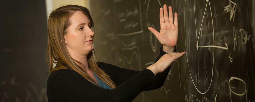 Rachel Houtz, a doctoral candidate in physics at UC Davis, teaching