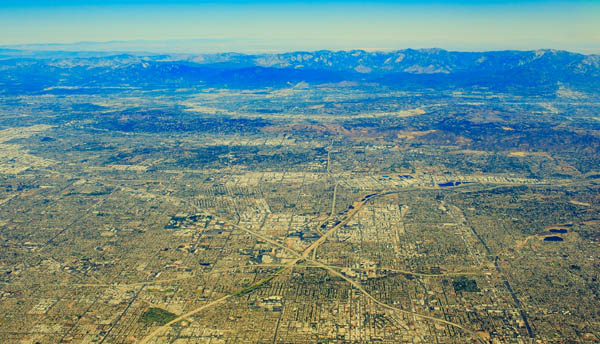 Aerial view of Southern California roads and urbanized habitat