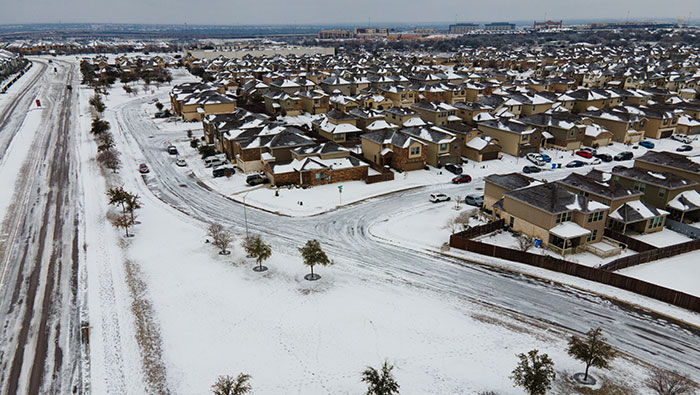 Aerial shot of Austin suburb after winter storm 2021