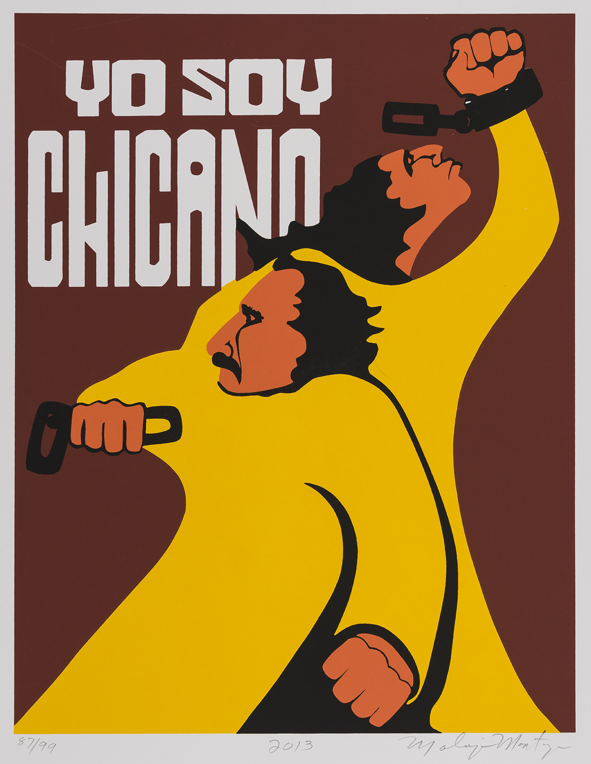 Screenprint of brown figures in yellow with words "Yo Soy Chicano."