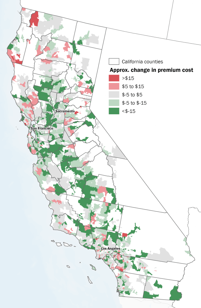 Map of California showing flood premium changes by zip code
