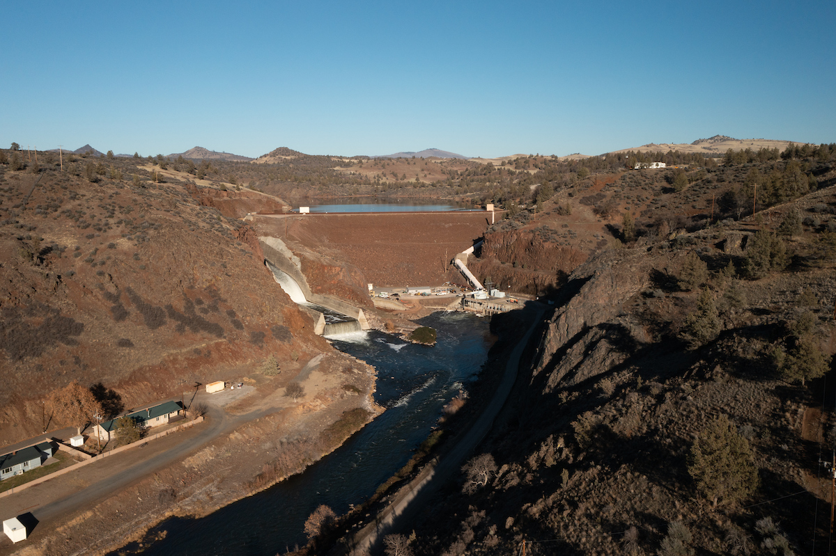 Aerial view above Iron Gate Dam on Klamath River in 2023