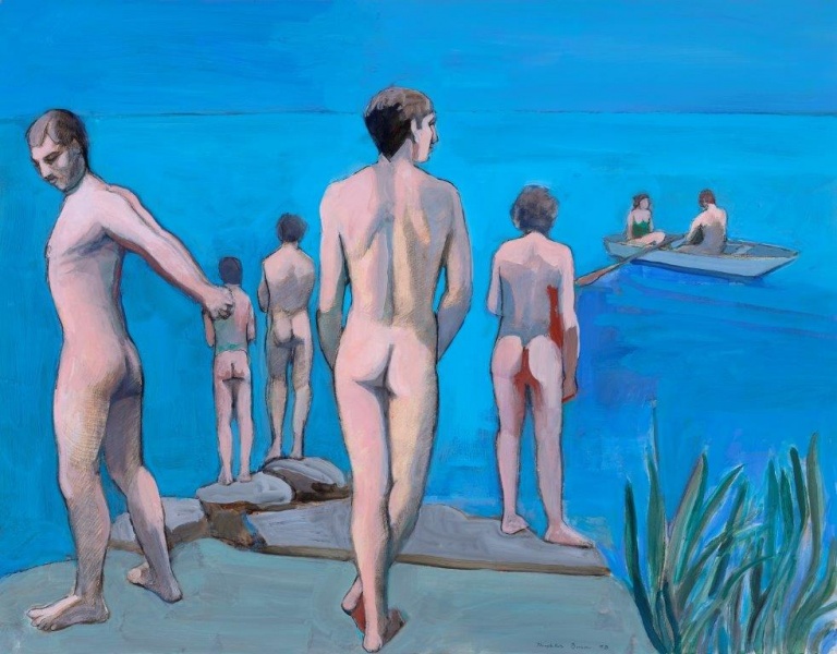 Painting of standing bathers against blue background part of exhibit at Crocker