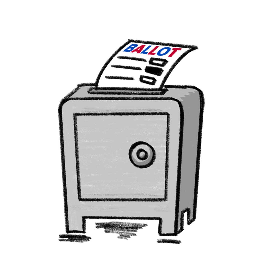 Illustration of a closed safe with a slot on the top and a ballot falling into the slot.