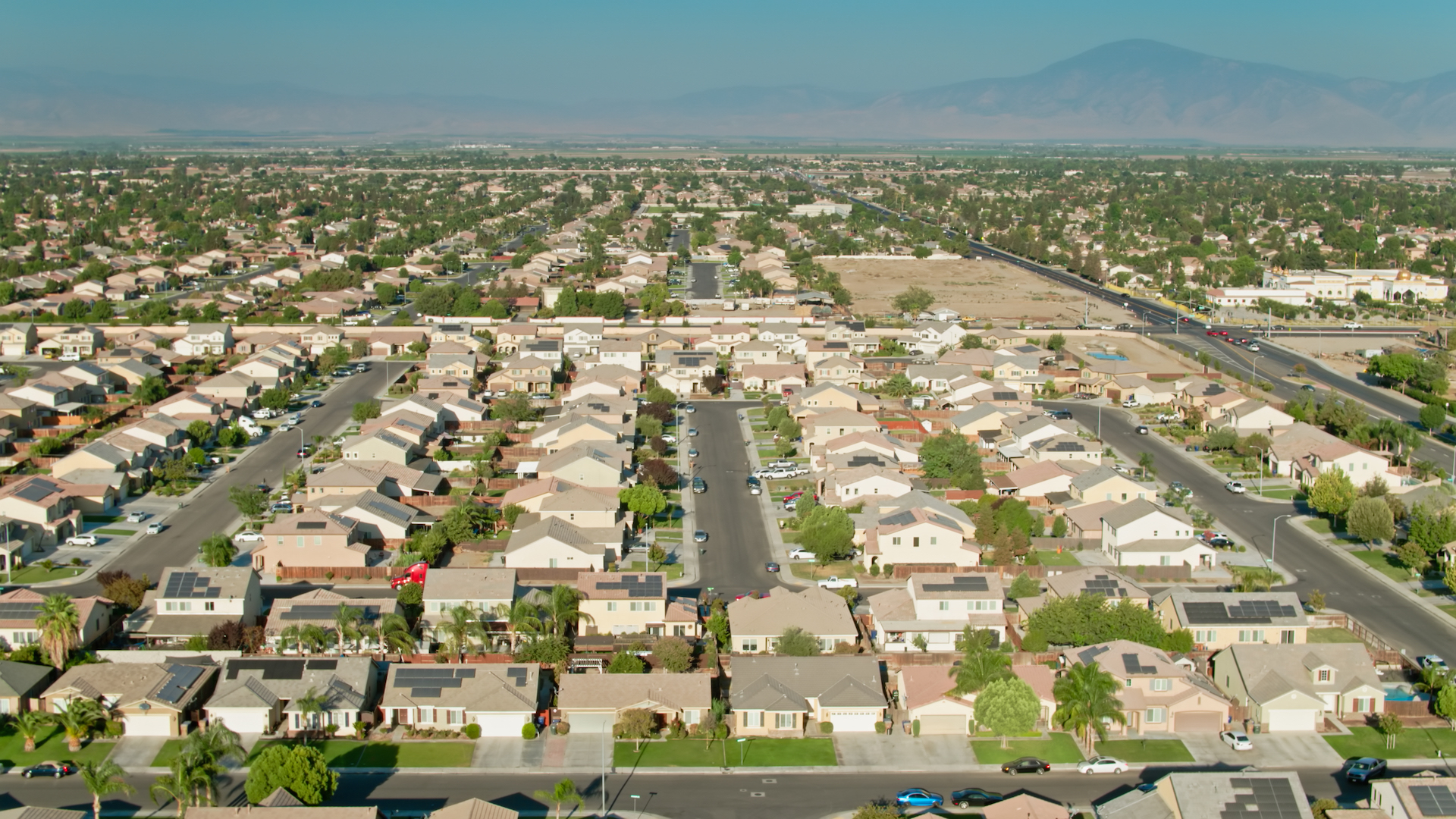 Aerial shot of suburban residential streets in Bakersfield, California. 