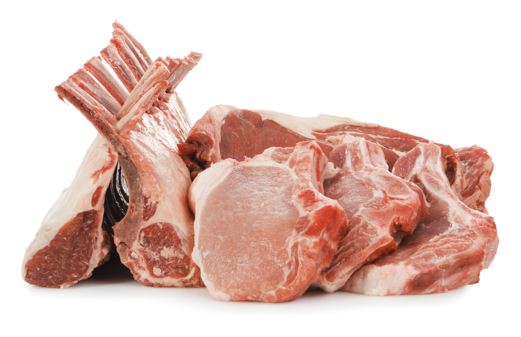 Cuts of pork on a white background
