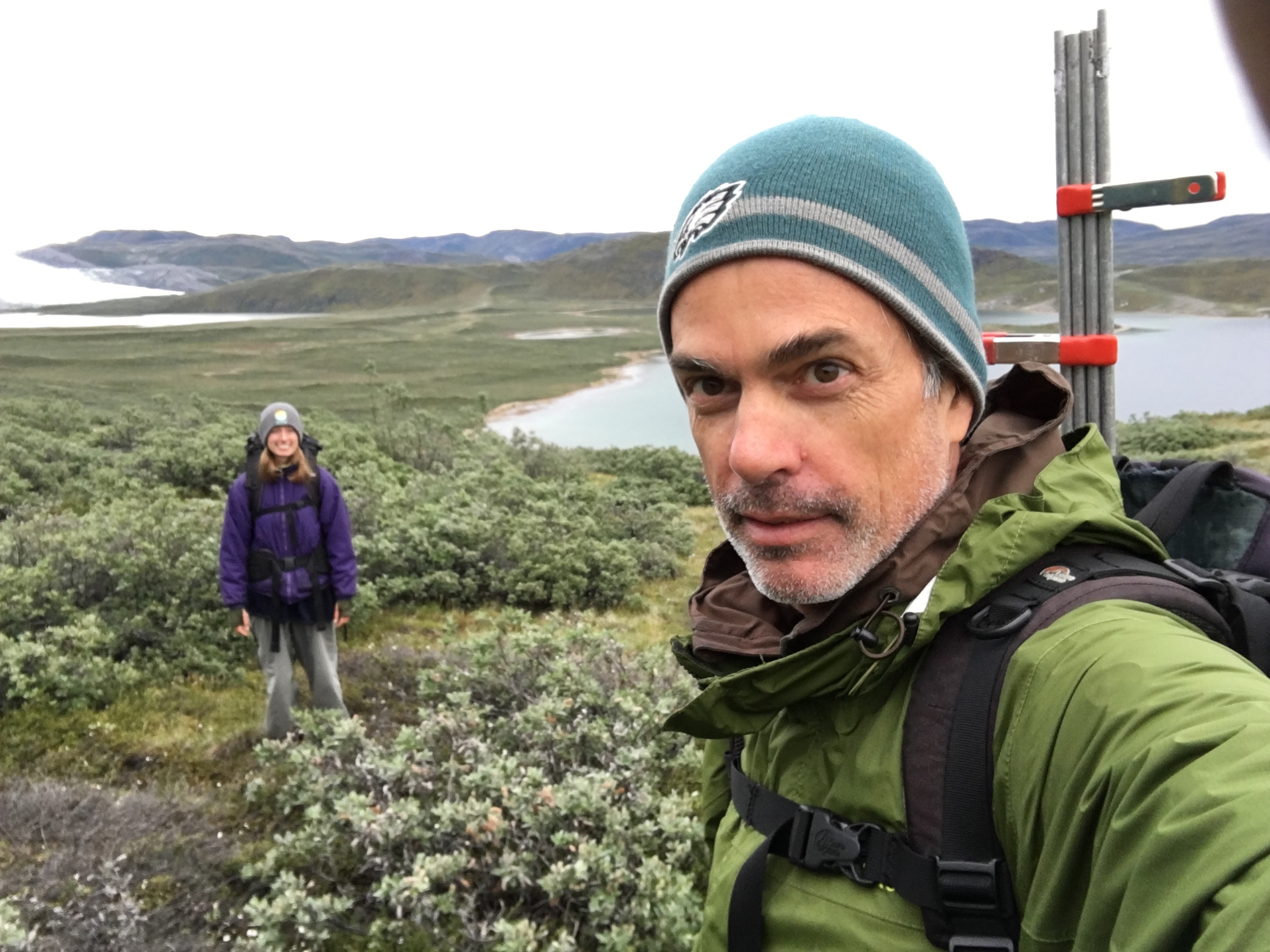 Eric Post takes selfie at his field site in Arctic Greenland, his daughter in the background