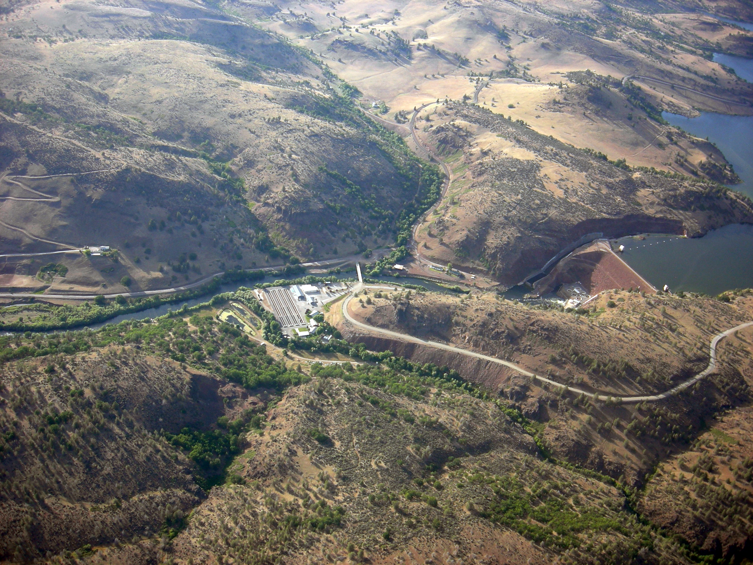 Aerial view of the Iron Gate Dam and Hatchery along the Klamath River