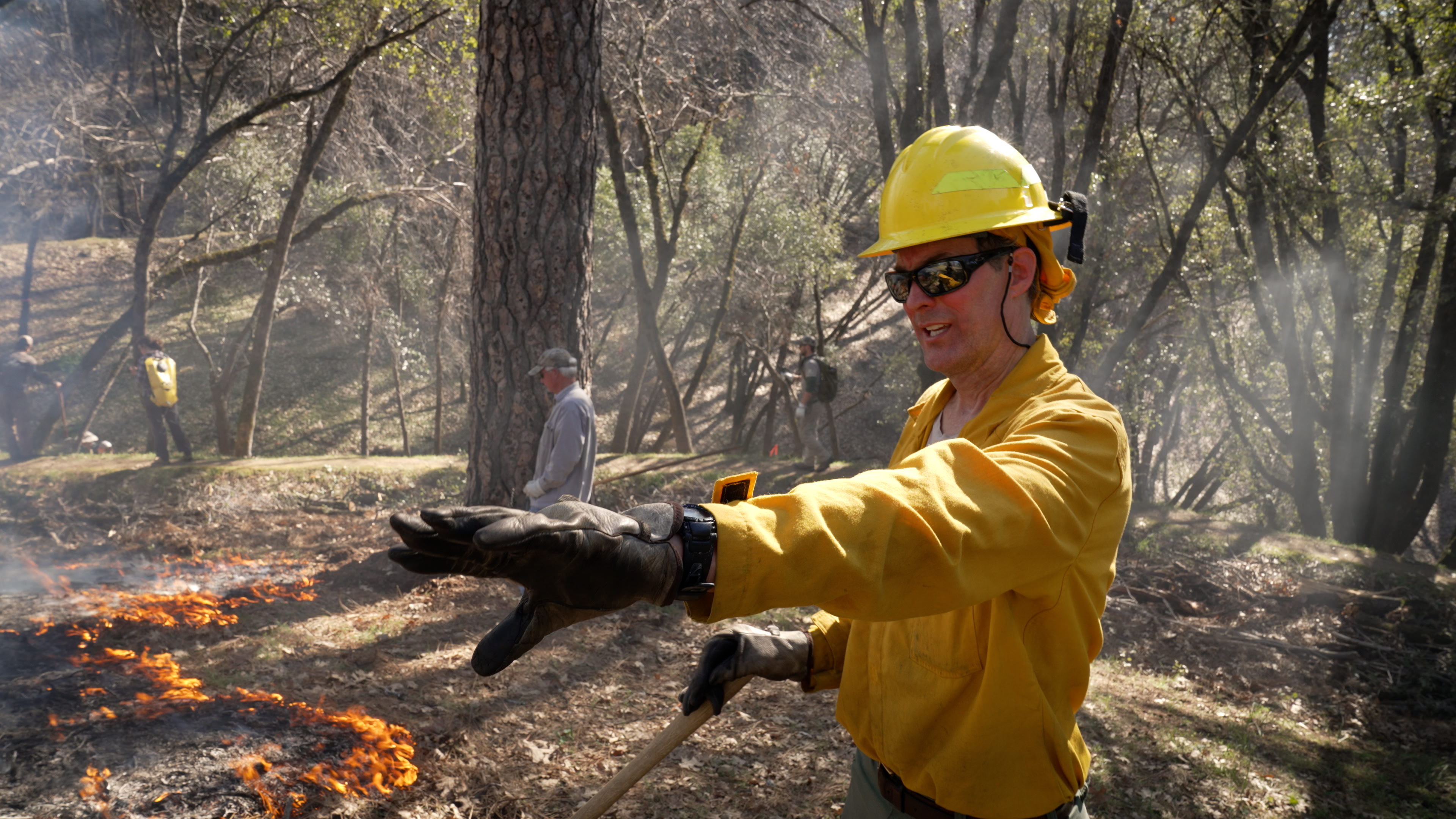 Male forester in yellow hard hat and yellow shirt with hand held in front of him, speaking, during prescribed burn