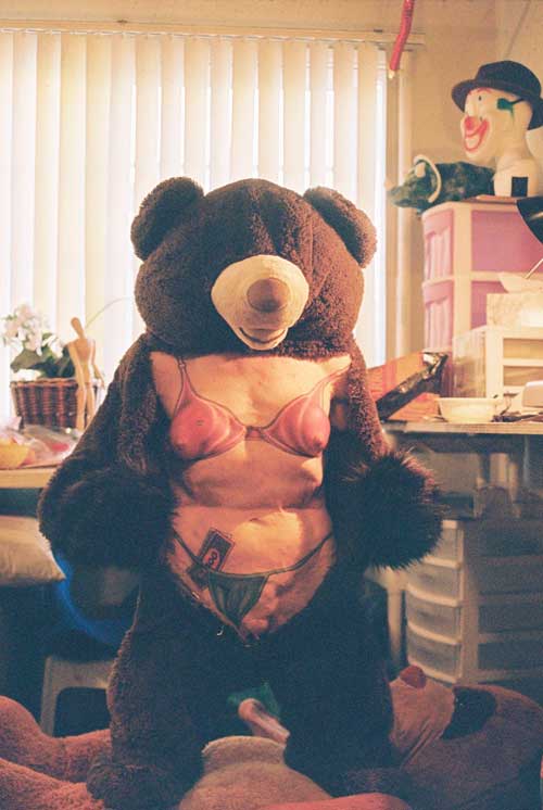 Stuffed brown bear with pink bikini top repurposed as conceptual sculpture