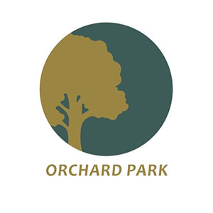 Logo for Orchard Park: Gold tree silhouetted against green backdrop