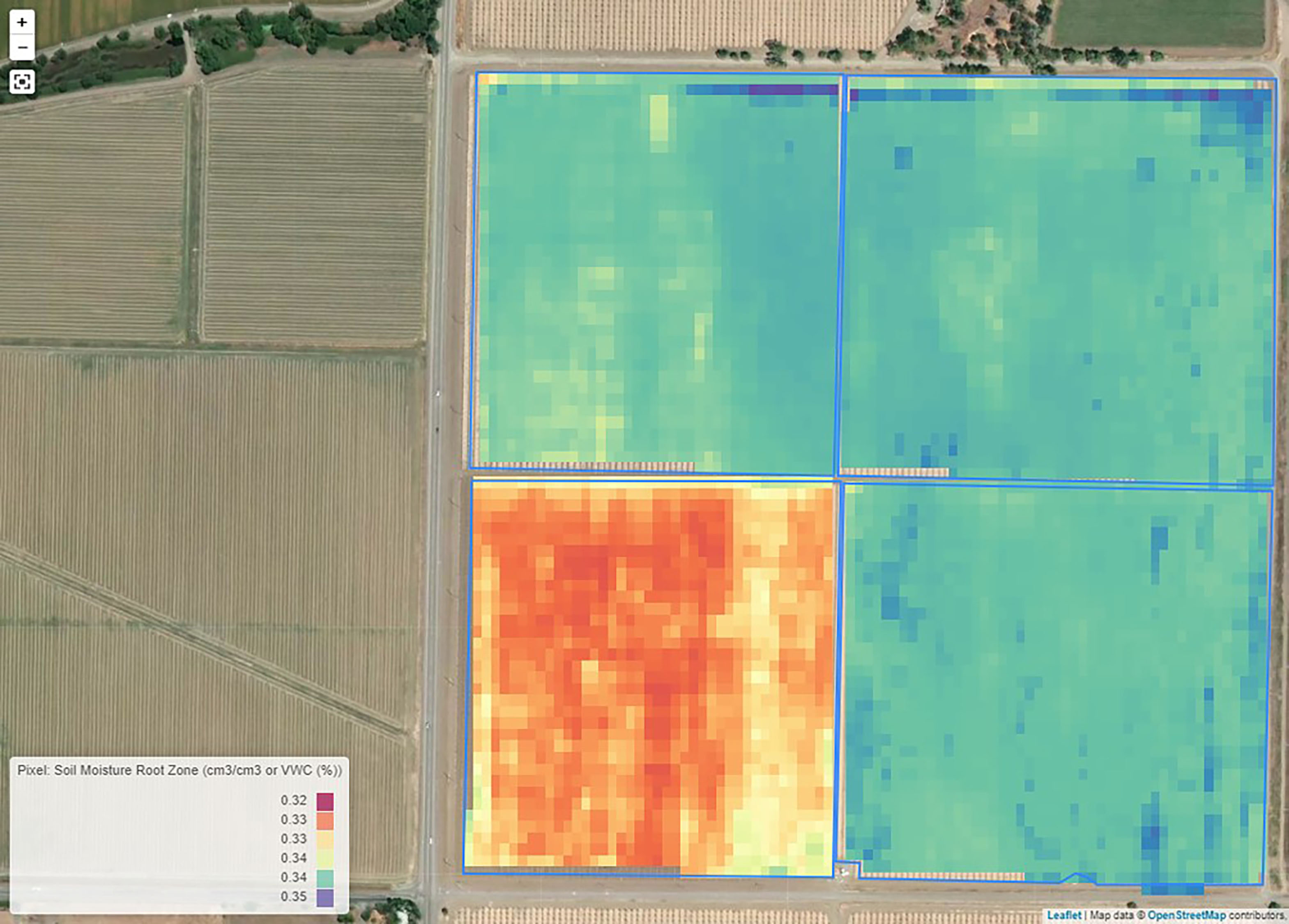 A map of soil moisture derived from satellite remote sensing of Bullseye Farms. It shows a square of green with the southwest quadrant in orange. The orange quadrant is the block of the orchard with no cover crops.The map shows the orange block has 1% less soil moisture in the root zone.