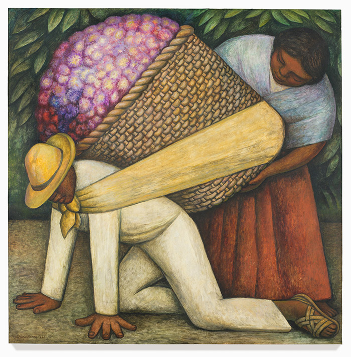Painting featuring a man crawling seemingly with basket of flowers on back.