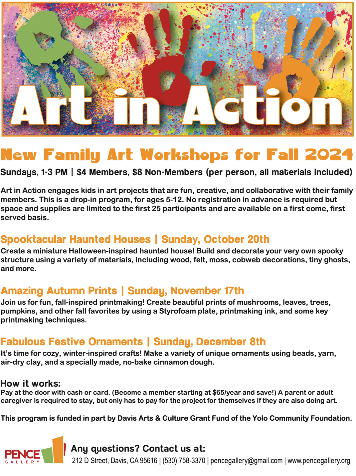 Flyer for Art in Action at the Pence Gallery.