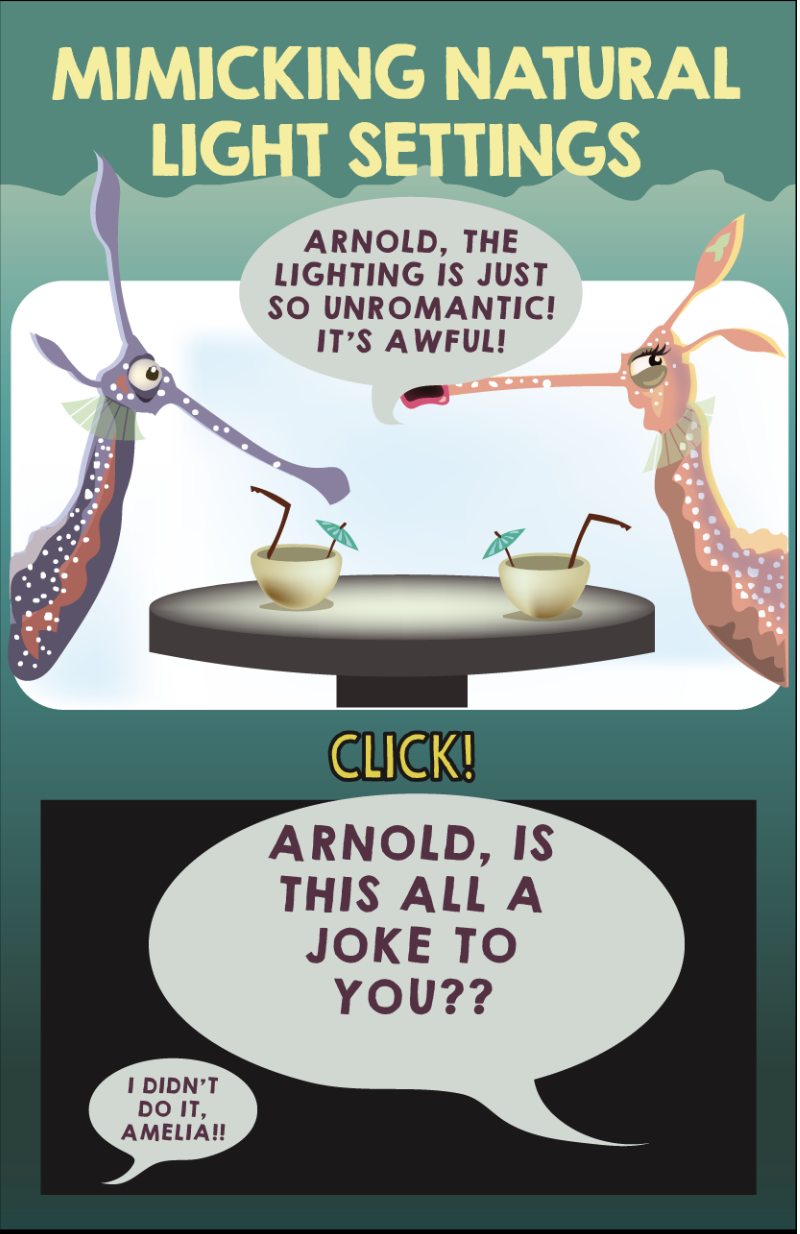 Cartoon of two sea dragons complaining about unromantic lighting 