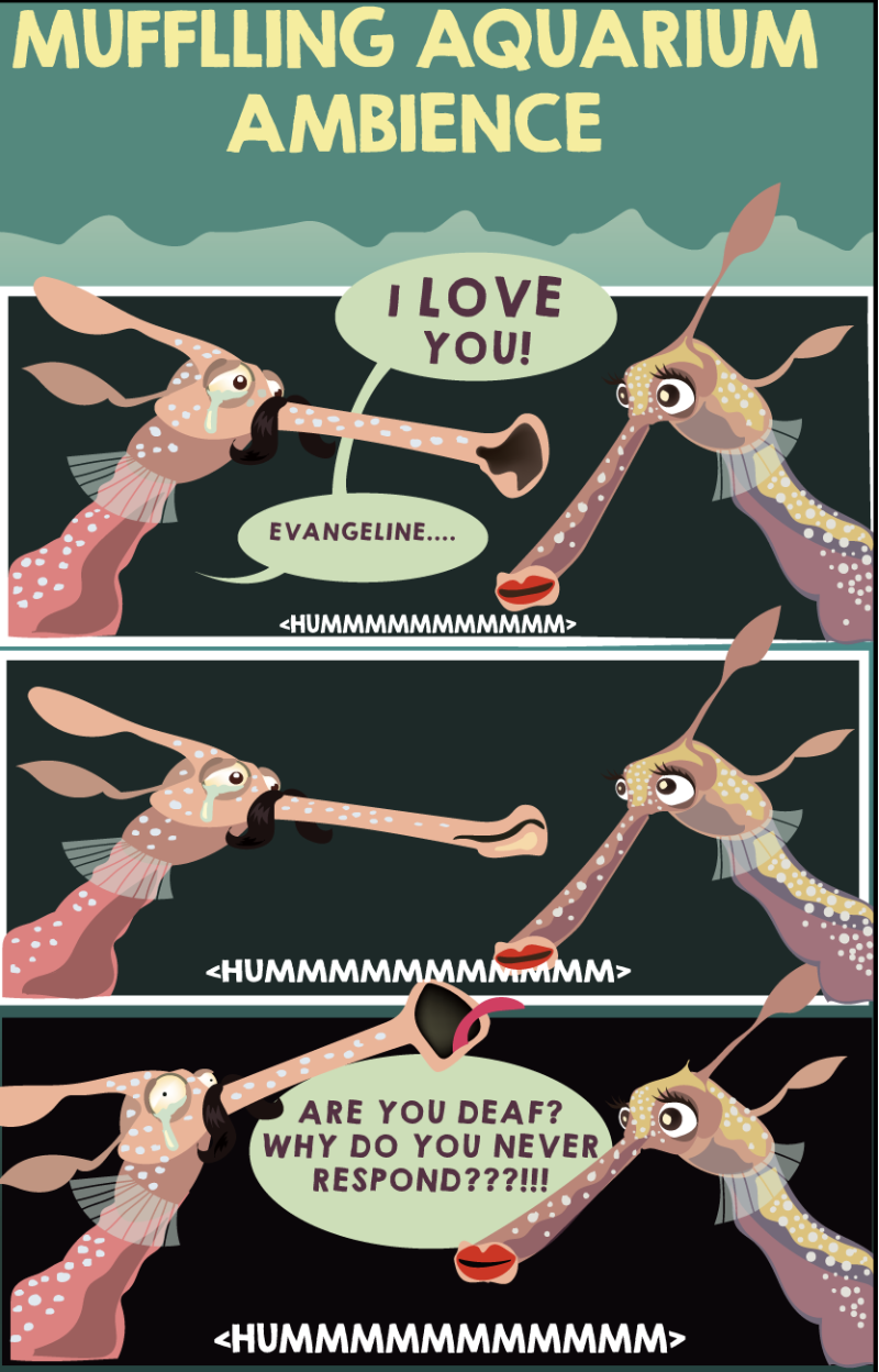 Cartoon of two sea dragons complaining about noise being too loud to hear each other