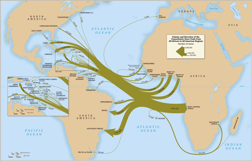 Map with arrows shows the transport of enslaved people from Africa to the Americas during the transatlantic slave trade
