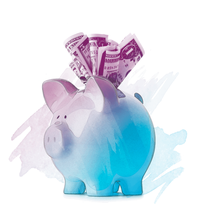 A colorful piggy bank with money sticking out of the top