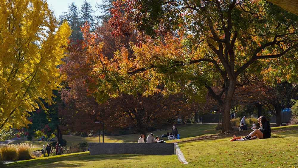 students picnic at uc davis arboretum