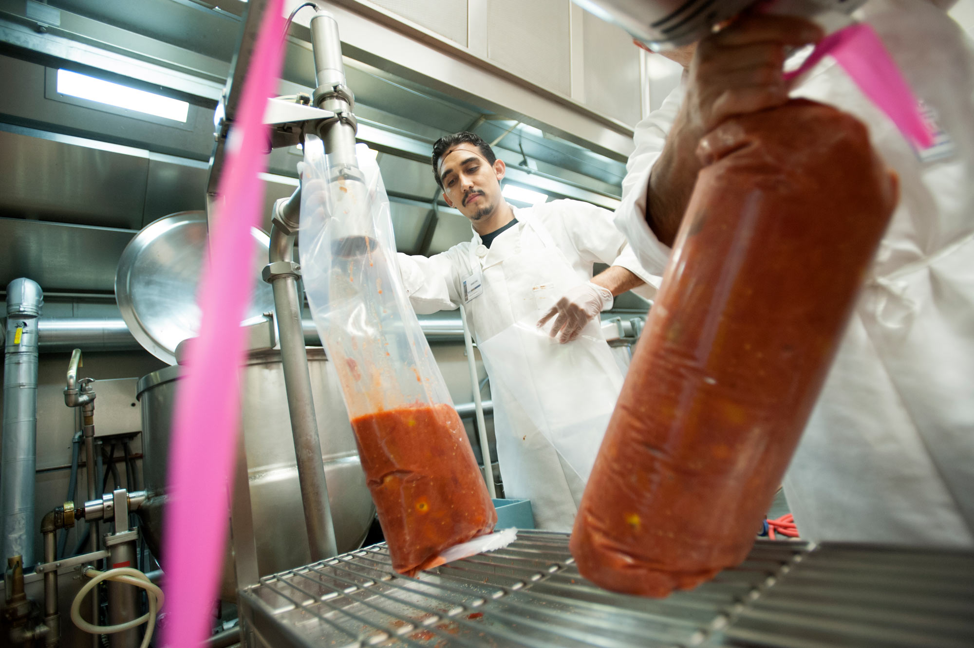 Man bags tomato sauce in bulk processing