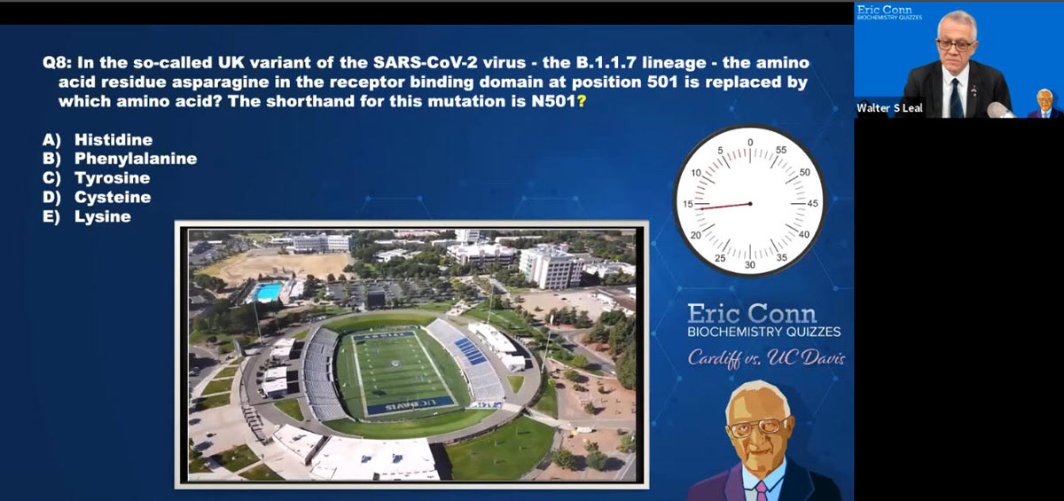 Biochemistry quiz screenshot shows question and aerial view of UC Davis Health Stadium.