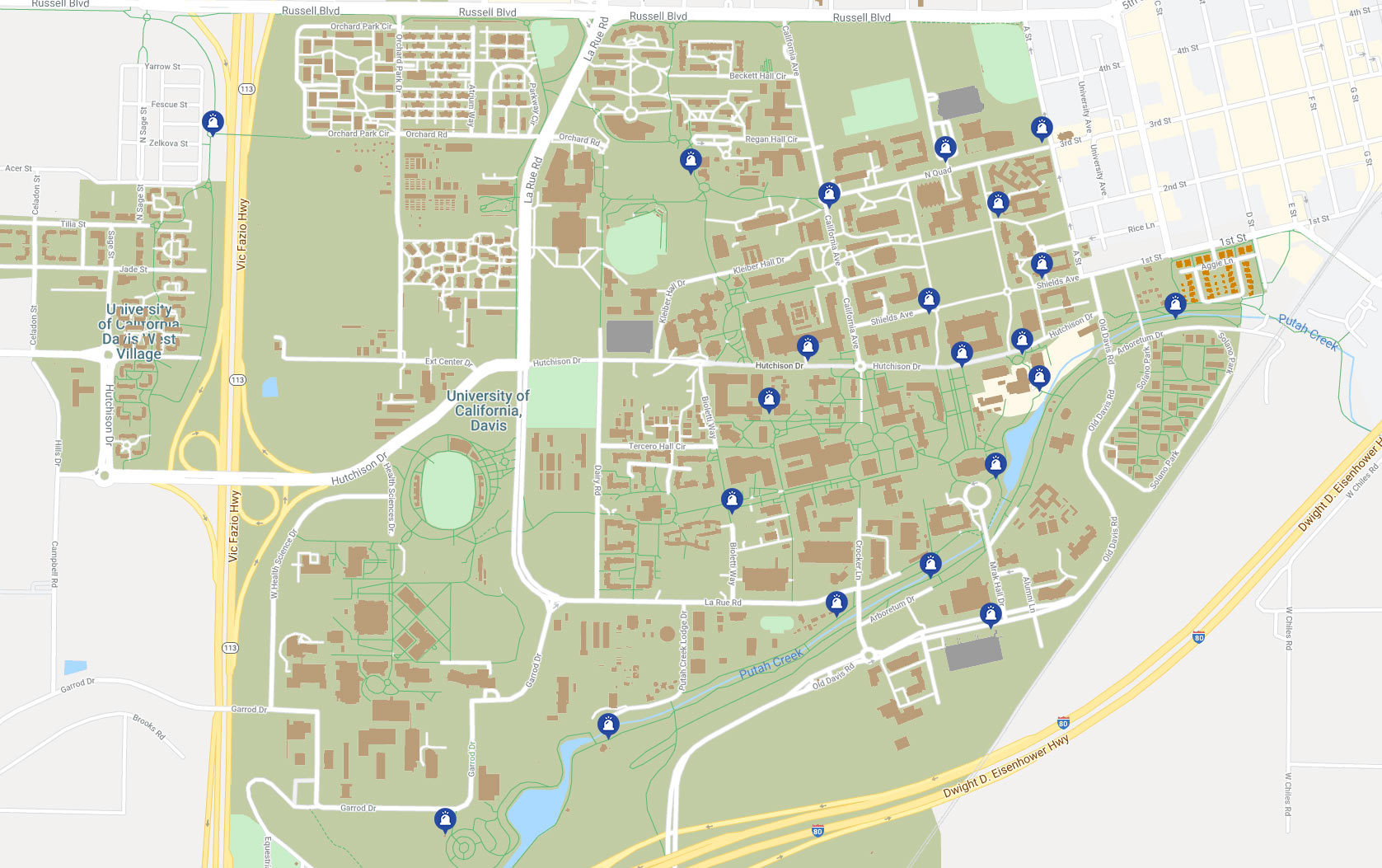 Campus map showing blue-light emergency call stations