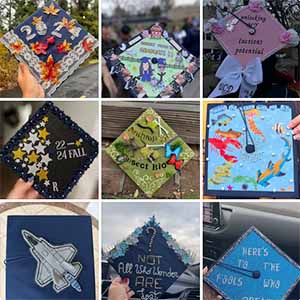 Collage of nine decorated mortar board grad caps