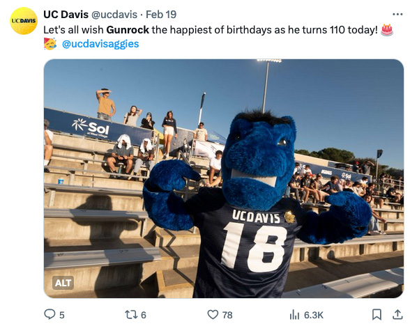 Tweet with photo of Gunrock in stands at football game with text: Let's all wish Gunrock the happiest of birthdays as he turns 110 today! 🎂🥳  @ucdavisaggies
