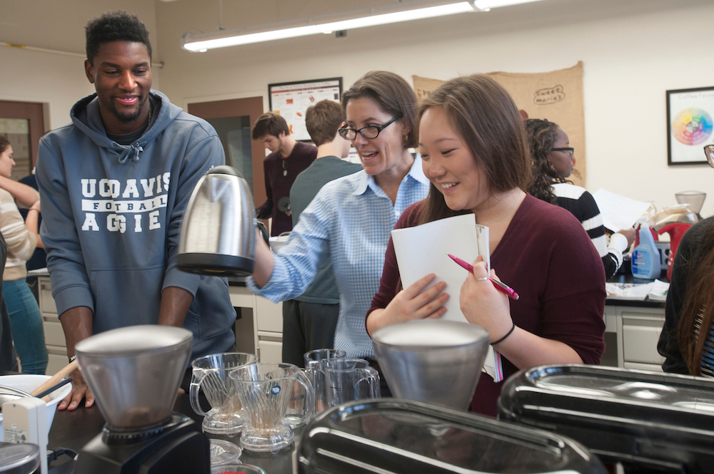 Students brew coffee in class at UC Davis. 