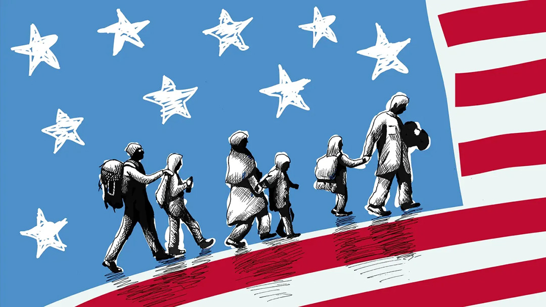 Illustration of American flag and people walking together