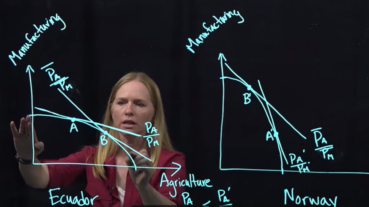 Janine L.F. Wilson stands behind a glass learning board with turquoise graphs on it.