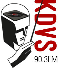 "KDVS 90.3 FM" logo, man's face on squarish speaker, his hand holding a conductor's baton