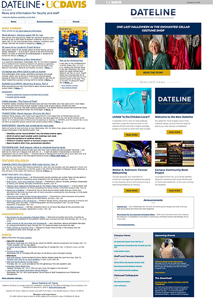 Screenshots of the previous Dateline UC Davis layout and the current Dateline UC Davis layout.