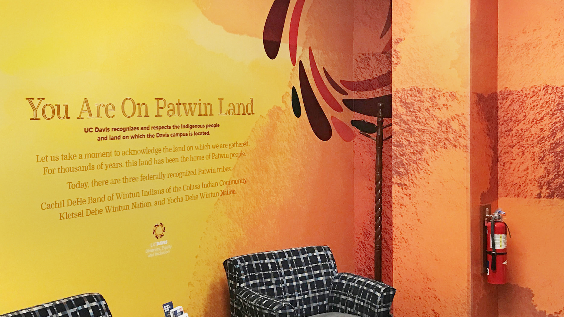 Diversity, Equity and Inclusion office wrap, yellows and oranges, and "You Are on Patwin Land" inscription 