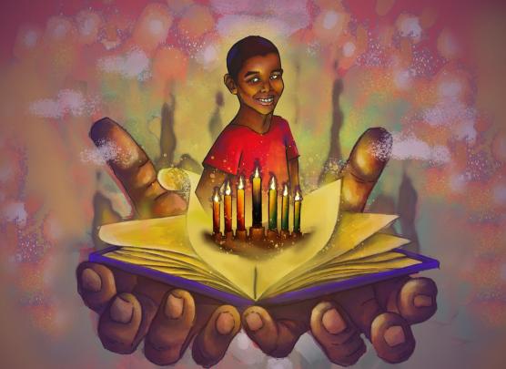 illustration of Black boy in middle of opened book.