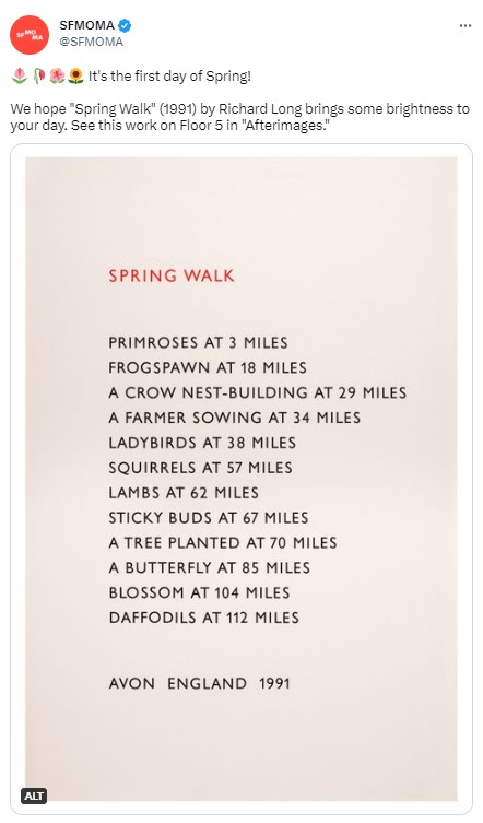A tweet from SMOMA that features "Spring Walk" (1991) by Richard Long