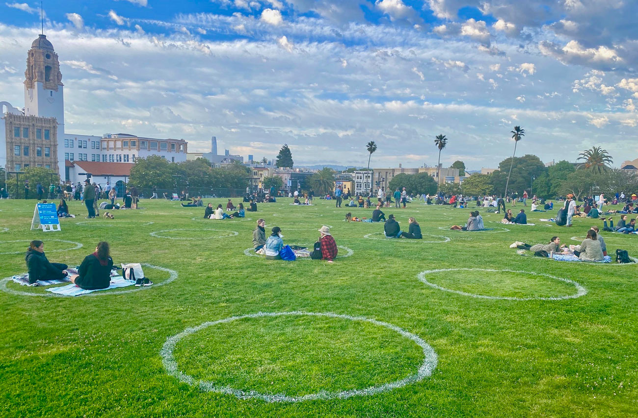Lawn circles in San Francisco in 2020 to social distance