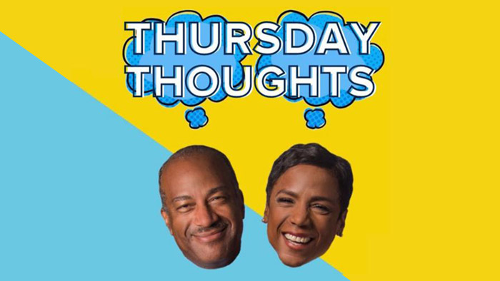 A light blue and yellow background with cut outs of Chancellor Gary May's and Leshelle May's heads with thought bubbles above their heads, Thursday Thoughts