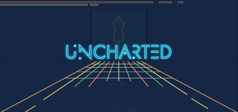 Fashion Show logo: "Uncharted" over runway made of multicolored lines