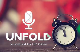 "Unfold" podcast logo with microphone, laid atop image that includes alarm closk