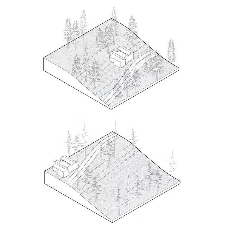 Illustration of a home set back from a road on a steep hillside.